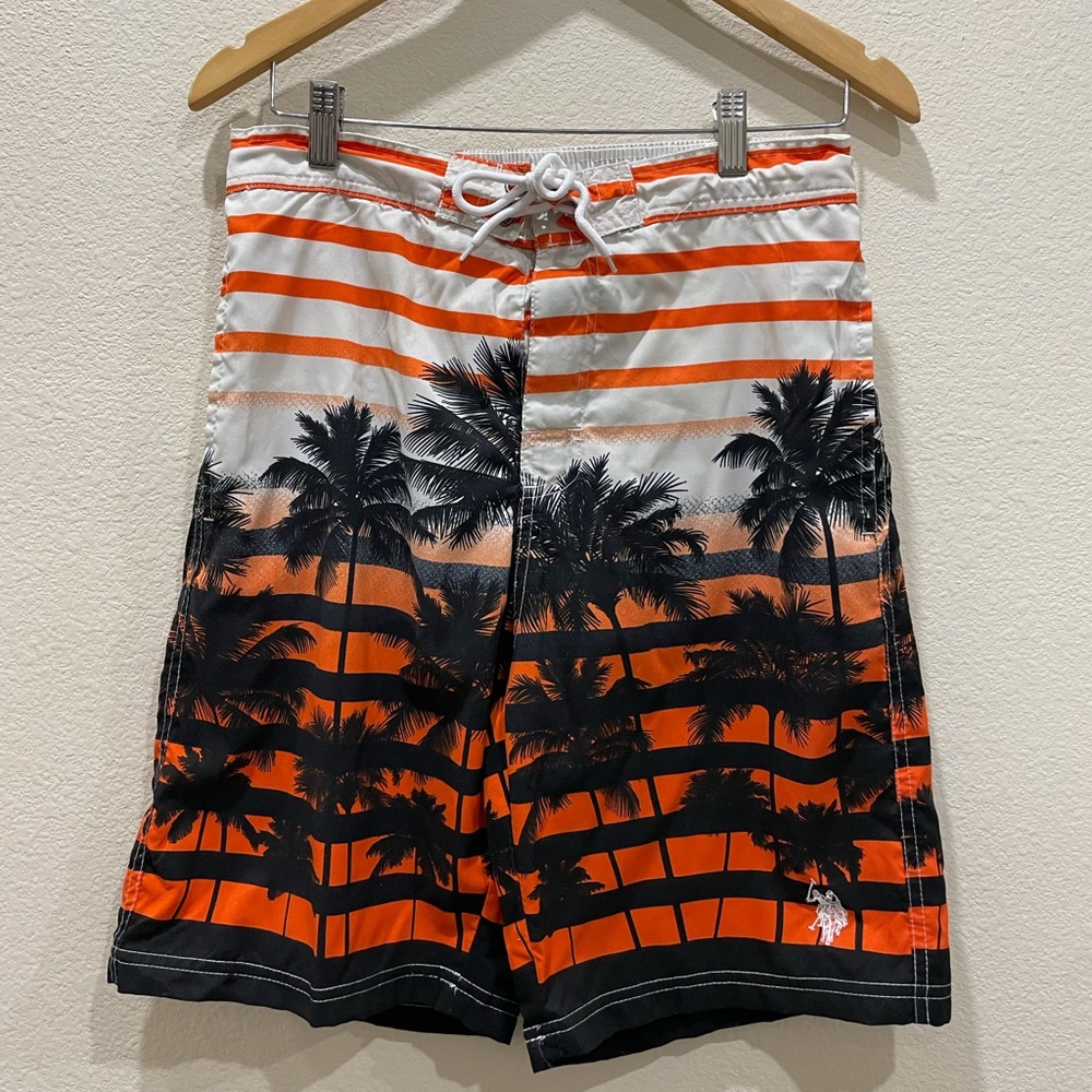 Swimsuit US POLO ASSN. Men’s Medium White Orange and Black Stripes Palm Trees